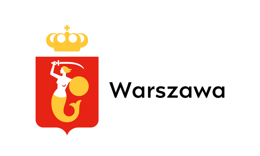 Obraz przedstawia logo Warszawy - herb syrenki z mieczem i tarczą oraz napis z boku "Warszawa"