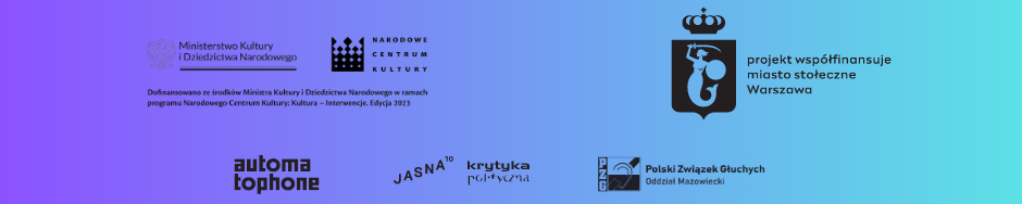 Obrazek fioletowo-niebieski przezentujący logotypy instytucji dofinansujących, organizatorów i partnerów w wersji czarnej.
